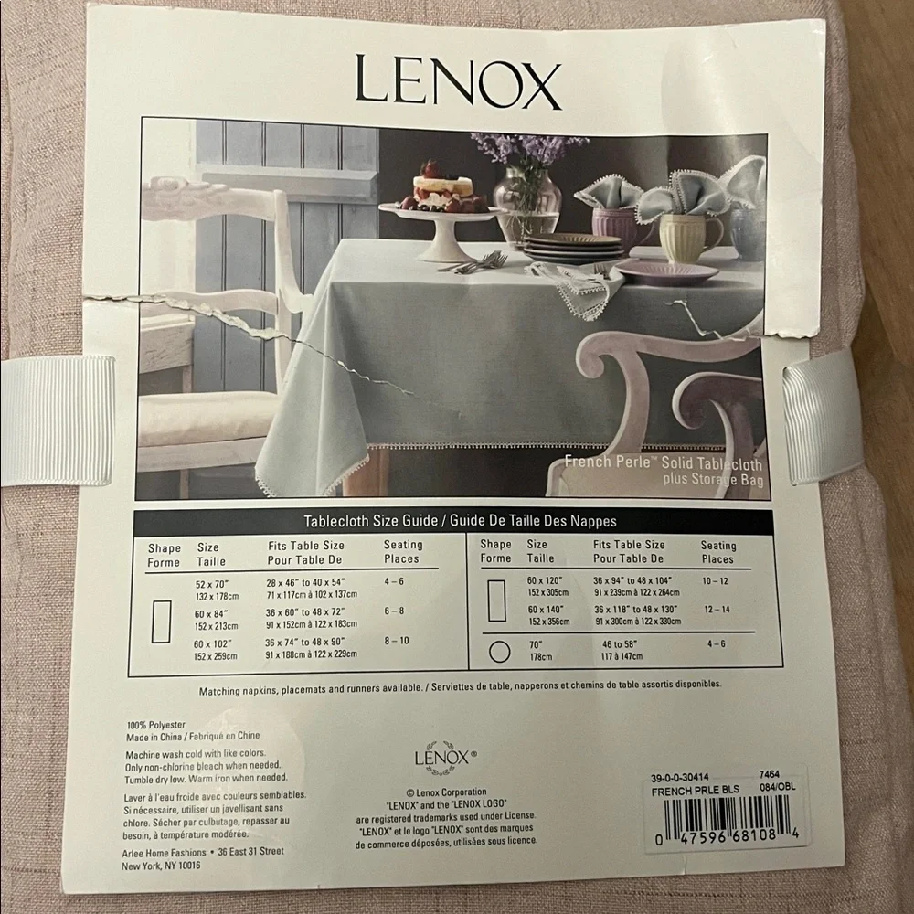 Lenox French Perle Tablecloth NWT 60” x 84” Rectangle Storage Bag Blush